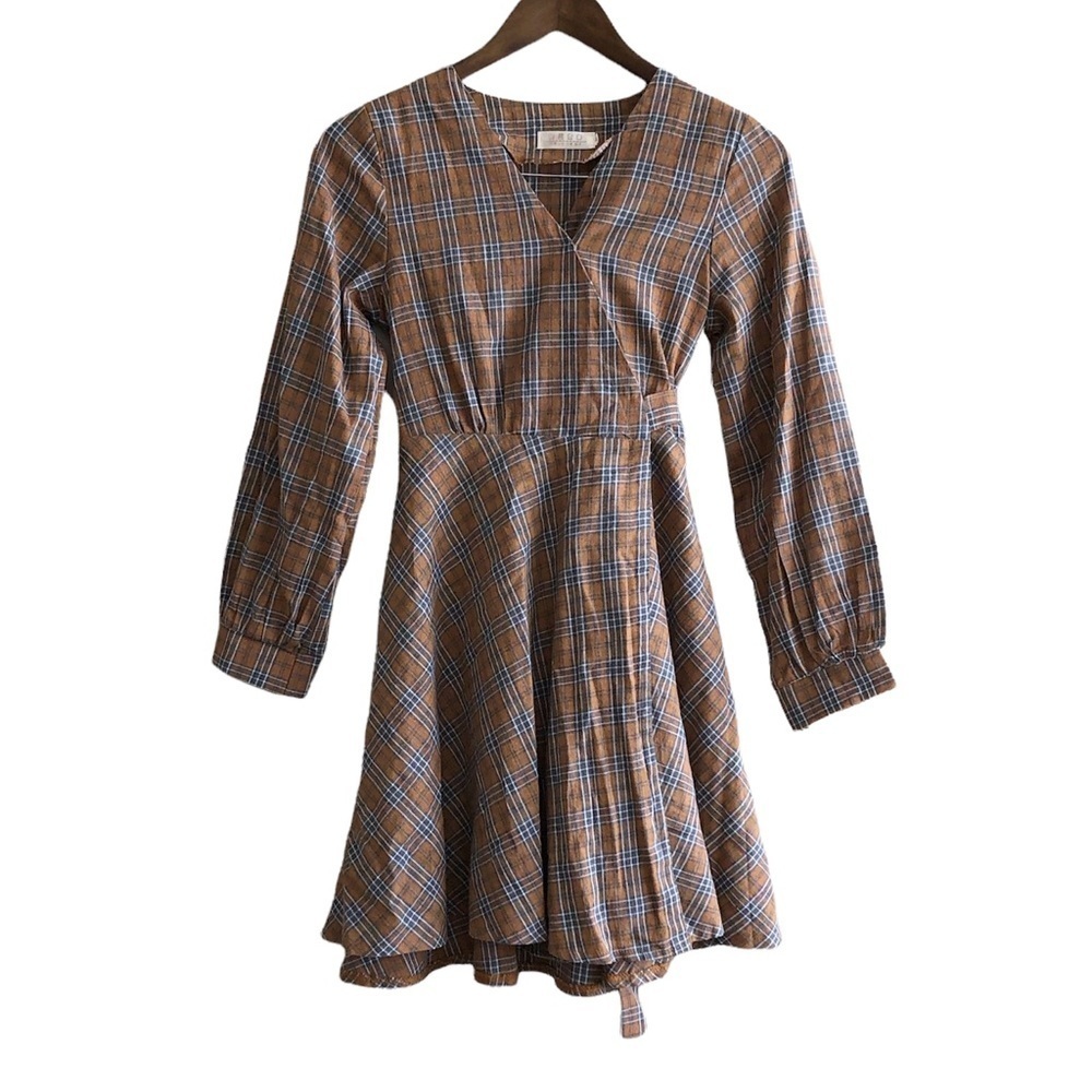 Vintage Plaid Tie Waist Mini Dress Long Sleeve V Neck Fit & Flare Small - Picture 12 of 12